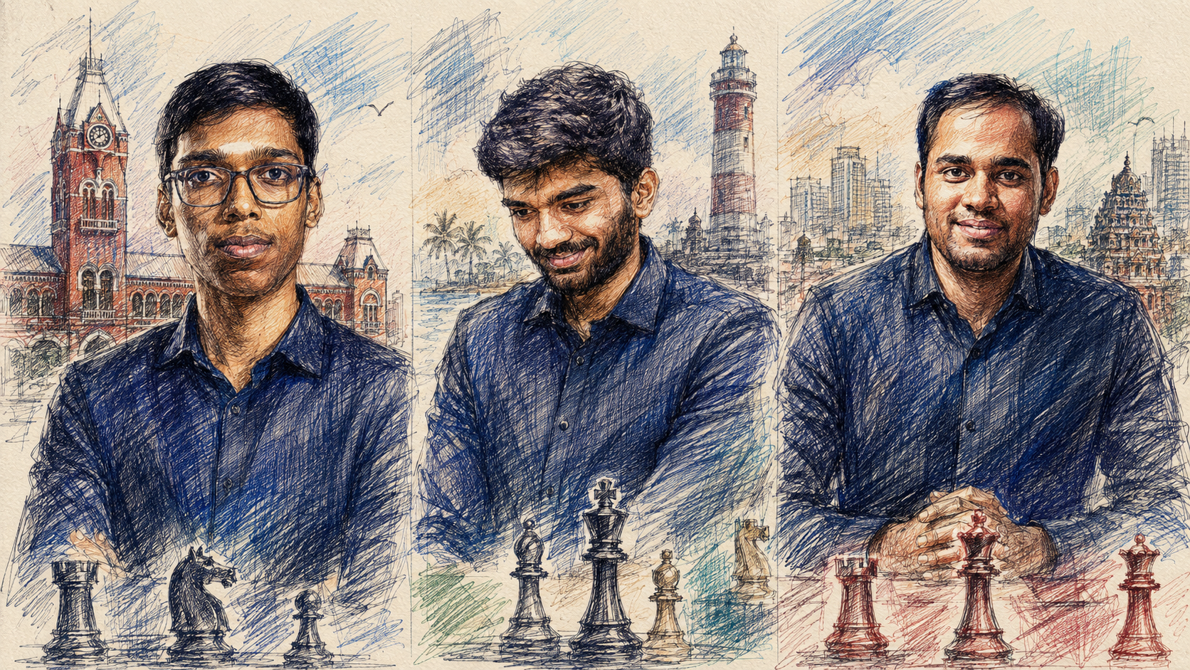Illustrated triptych portraits of Indian grandmasters R Praggnanandhaa, D Gukesh, and Arjun Erigaisi with chess pieces and city skylines behind them