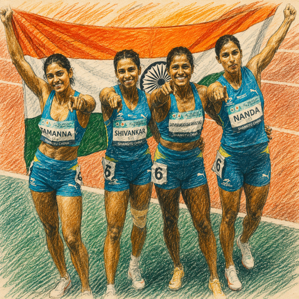 Four Indian women sprinters celebrating a relay gold medal, draped in the Indian flag, with race bibs reading Tamanna, Shivankar, and Nanda