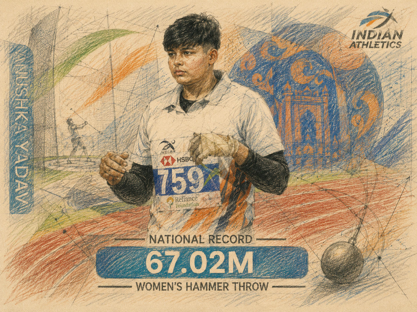 Indian hammer thrower Anushka Yadav in competition kit beside a graphic reading "National Record 67.02M Women's Hammer Throw"