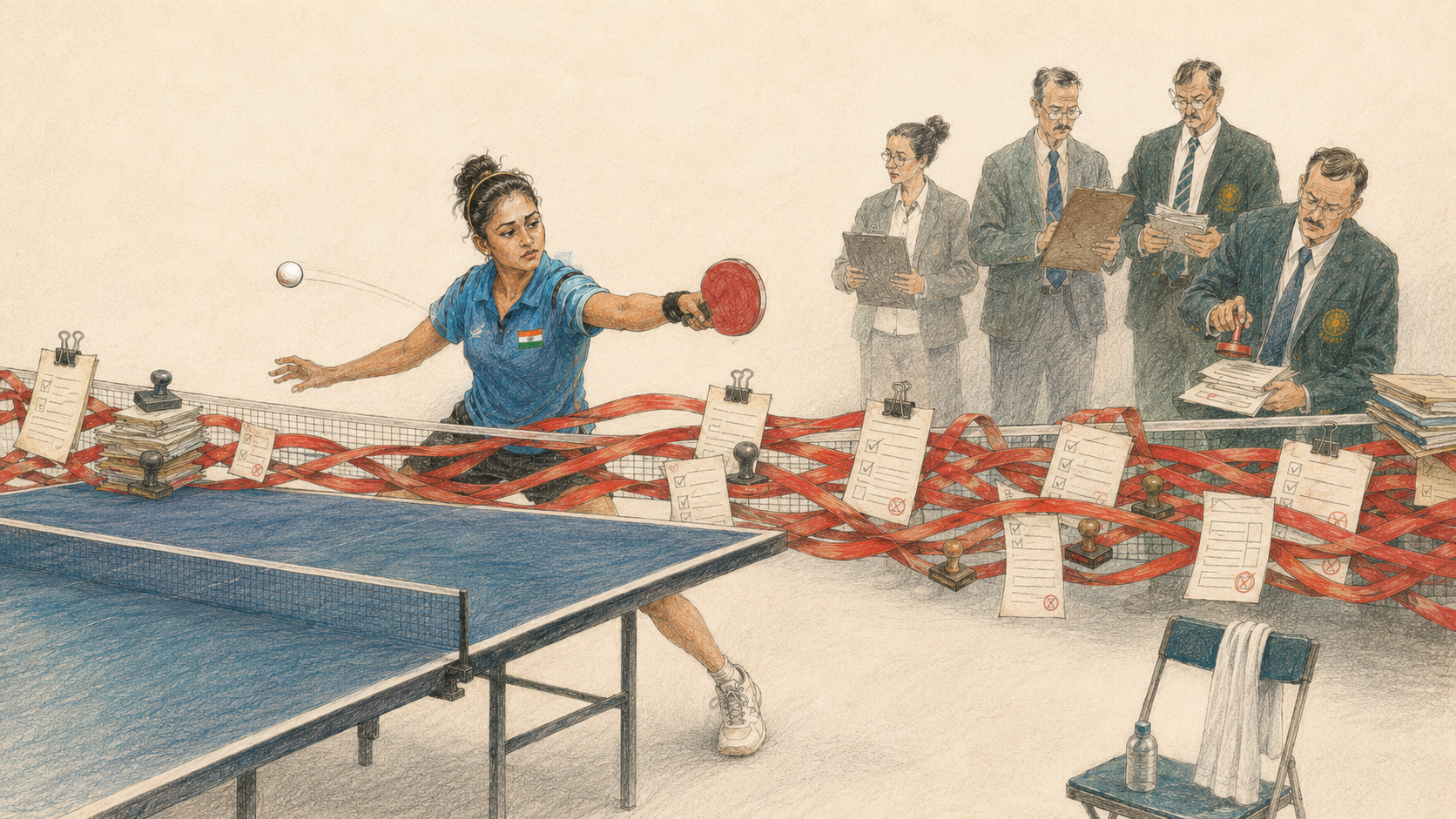 An illustration of Manika Batra playing a forehand at a table tennis table while a row of federation officials look on disapprovingly with clipboards