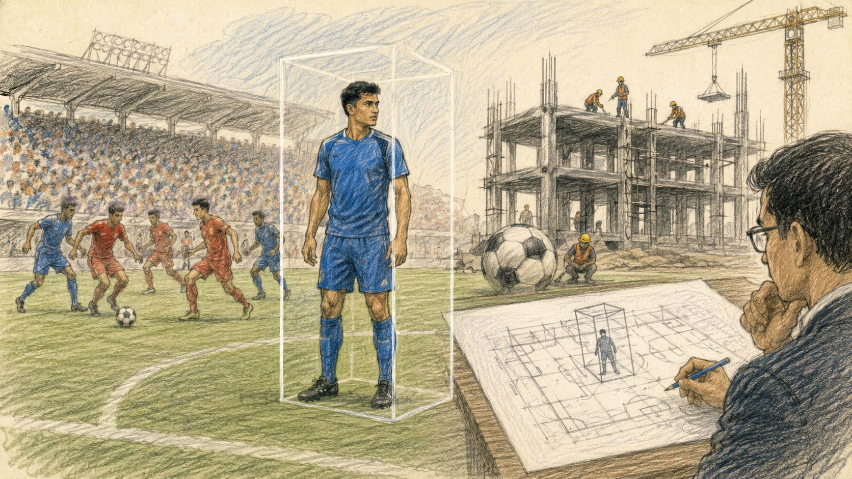 An Indian footballer standing isolated inside a glass box on the pitch during a match, with an architect's blueprint of the same scene on a drafting table beside a stadium construction site