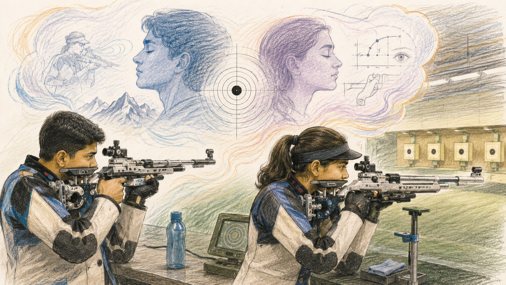 Two young Indian shooters aiming air rifles side by side on a range, with illustrated profile portraits and a target crosshair above them