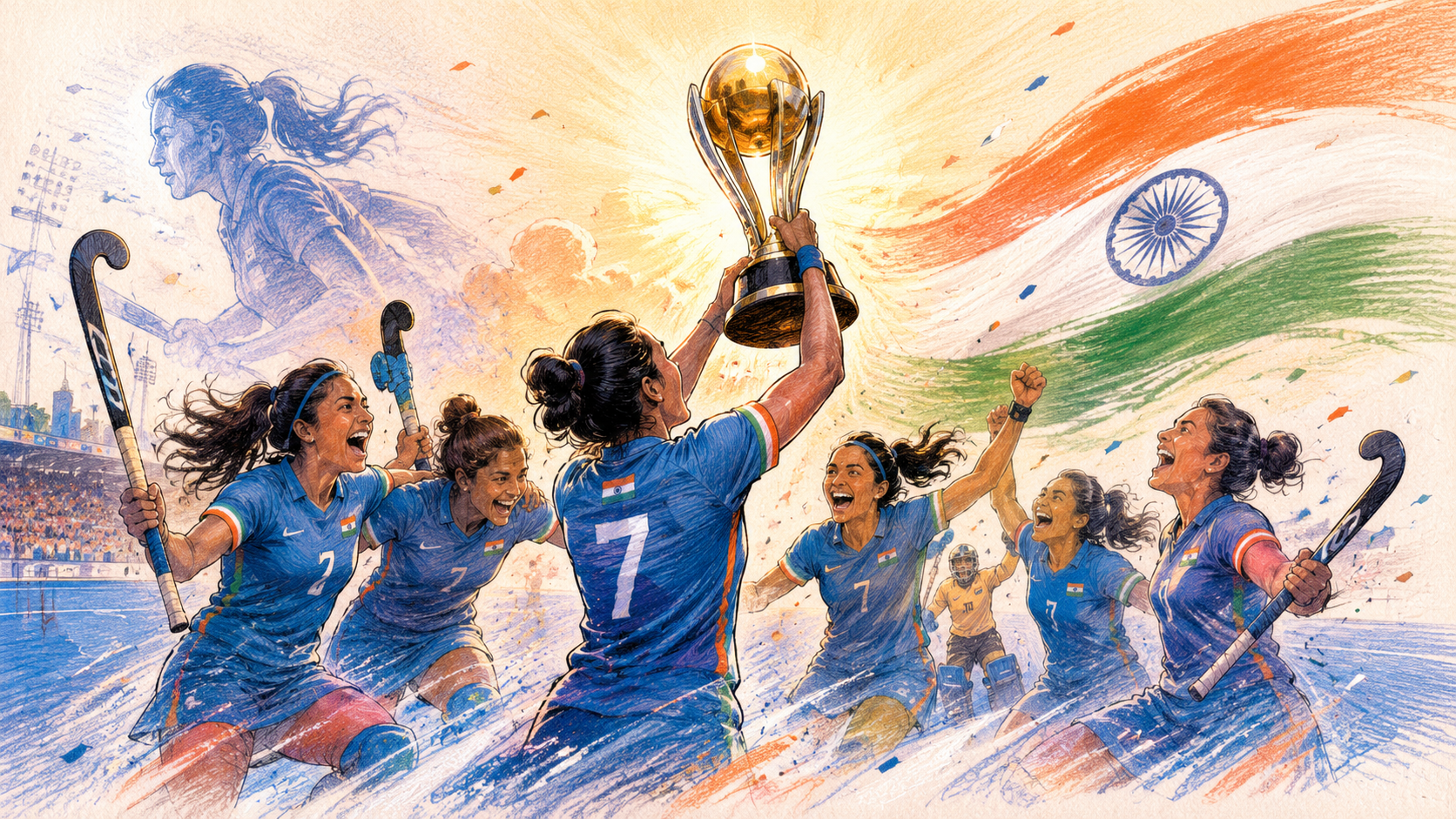 Indian women's hockey players celebrating with the FIH Nations Cup trophy raised aloft, with the Indian flag rippling behind them