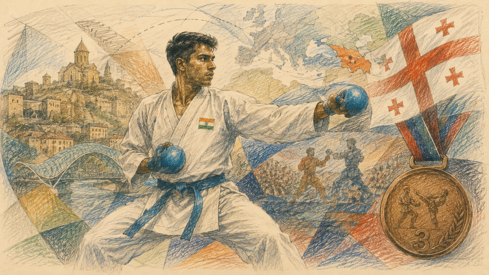 An Indian karate athlete in fighting stance with a bronze medal and scenes of Tbilisi, including a hilltop church and the Georgian flag, in the background