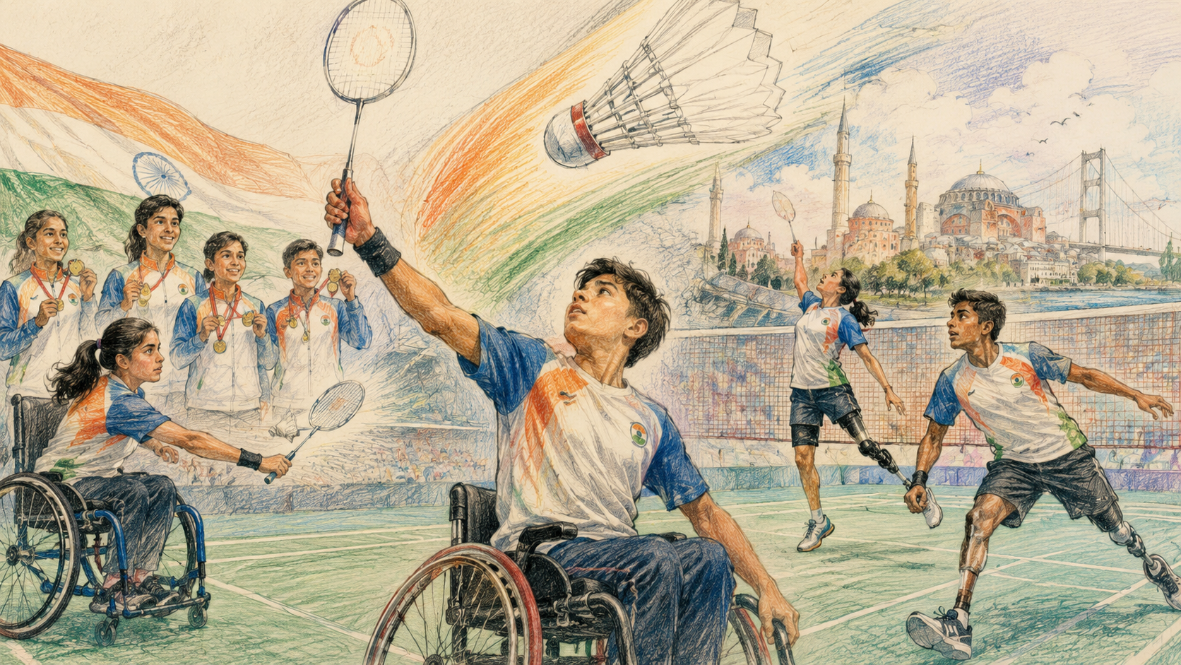 Young Indian para-athletes playing wheelchair badminton and running with prosthetic blades, with teammates celebrating with medals in the background and a mosque skyline behind them