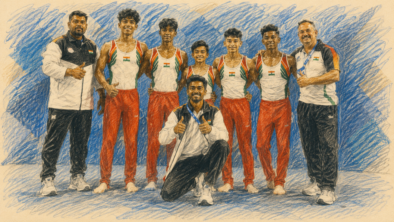 The Indian junior men's gymnastics team and coaching staff posing together in red and white tracksuits after winning medals in Zunyi, China