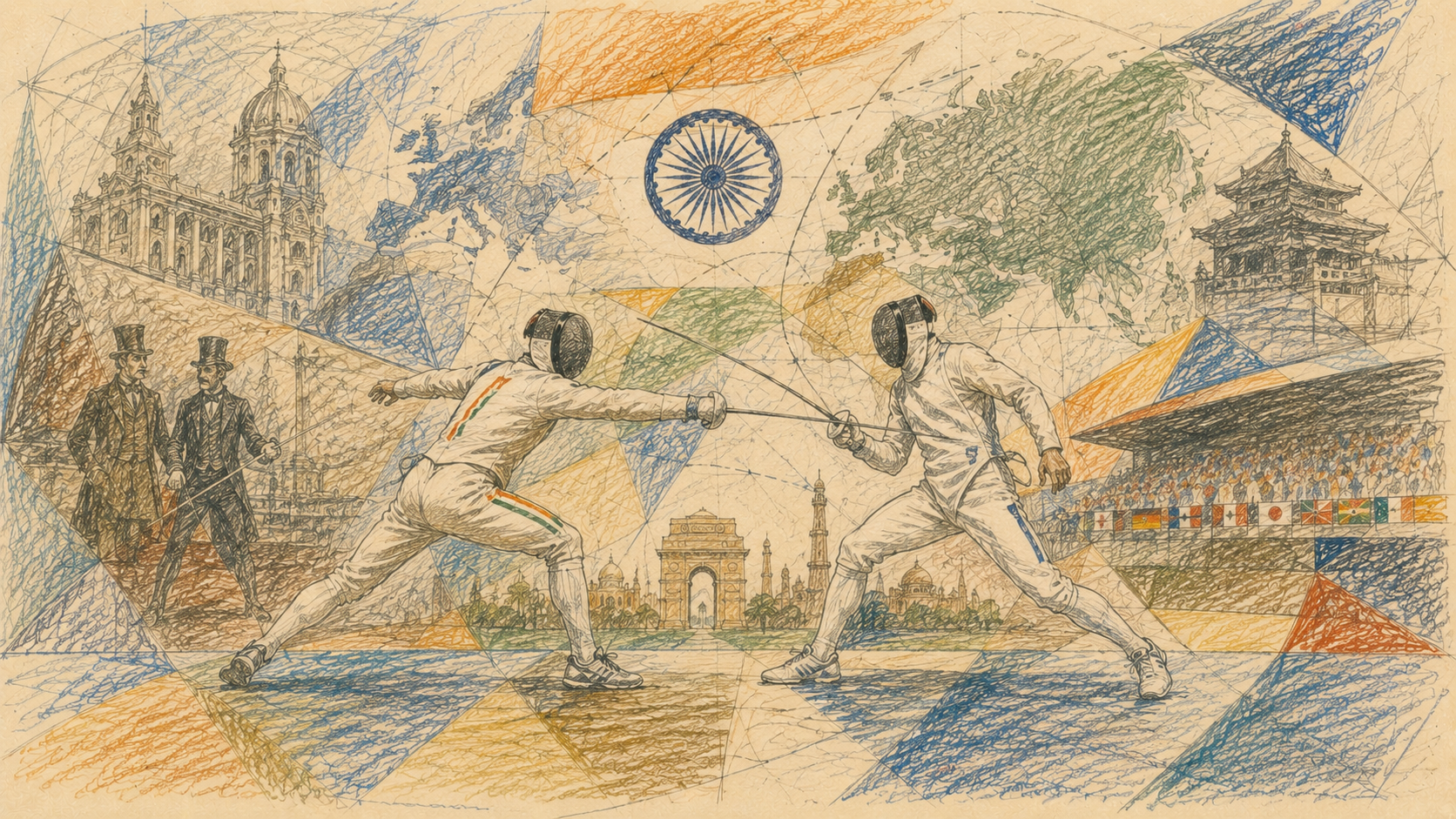 Two fencers lunging at each other on a piste in New Delhi, with India Gate, European architecture, and a Chinese pagoda illustrated in the background